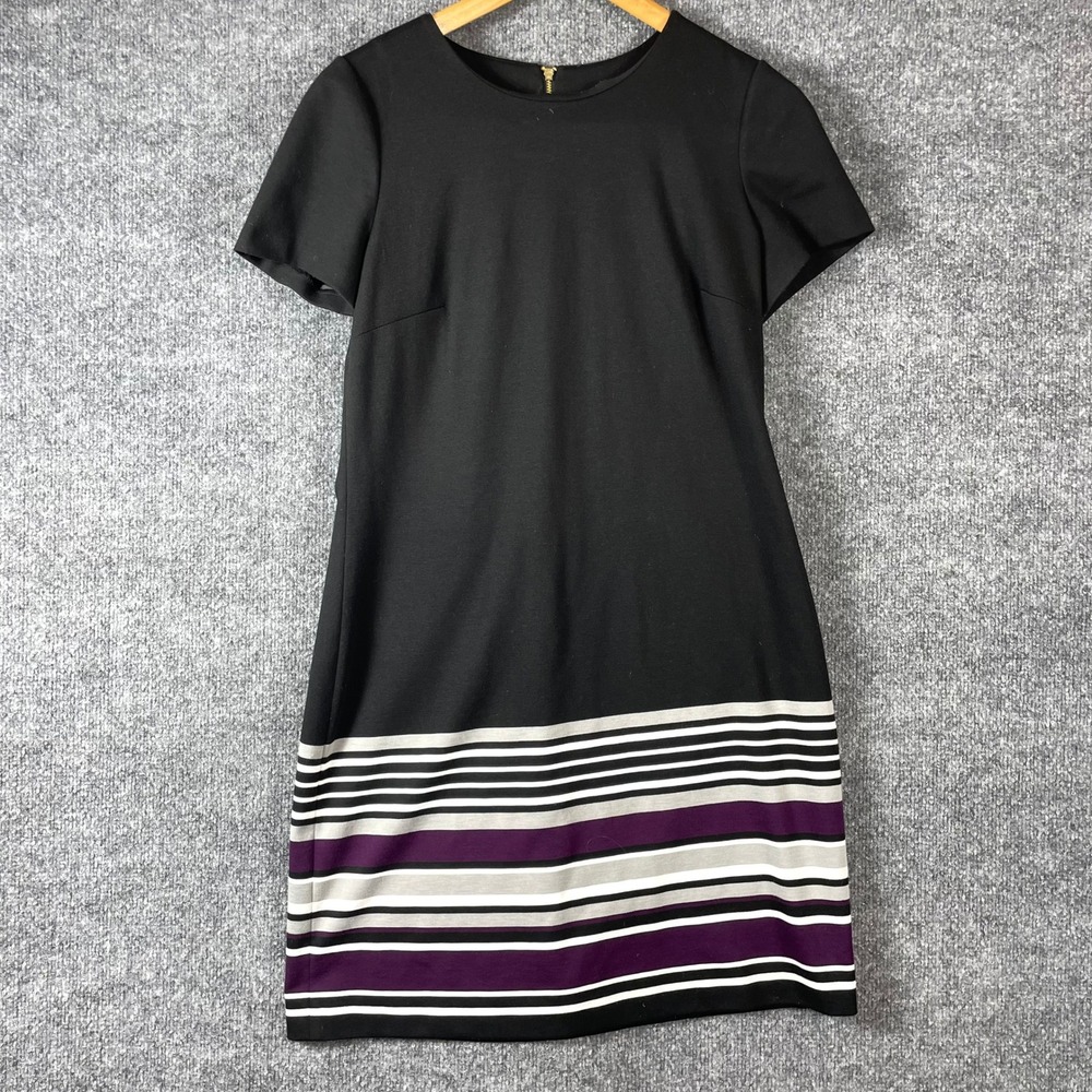 Calvin Klein Dress Womens 10 Black Striped Border Hem Short Sleeve Sheath Career